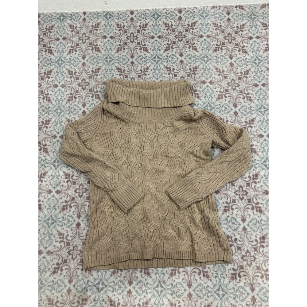 Calvin Klein Womens Tan Beige Cable Knit Cowl Turtleneck Sweater S